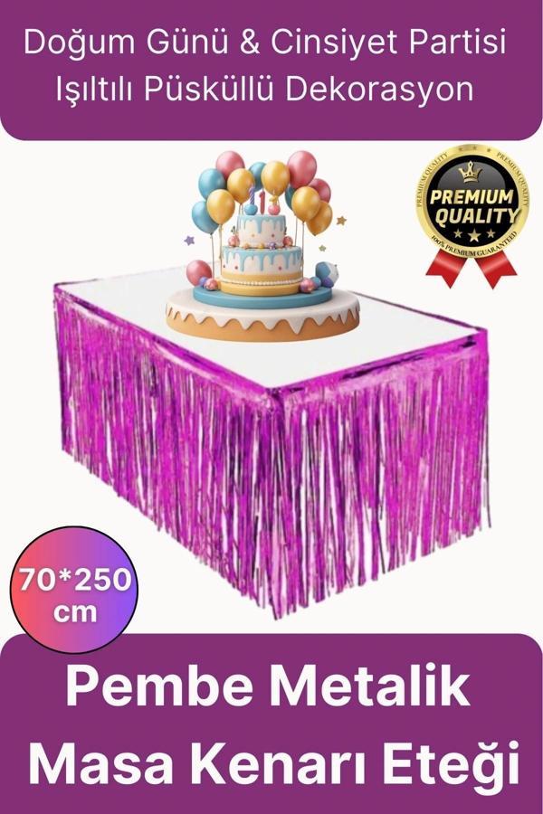 Premium Dekorasyon Püsküllü Işıltılı Doğum Günü Cinsiyet Partisi Pembe Masa Kenarı Eteği 70*250cm - Image 1