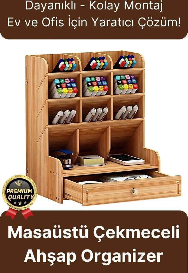 Premium Demonte Ev Ofis Masaüstü Çapraz 9 Bölmeli Kalemlik Çekmeceli Ahşap Organizer Düzenleyici - Image 1