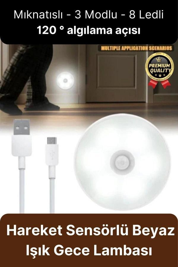 Premium Hareket Sensörlü Usb Şarj Edilebilir Mıknatıslı 3 Mod 8 Ledli Beyaz Işık Gece Lambası 1 Adet - Image 1