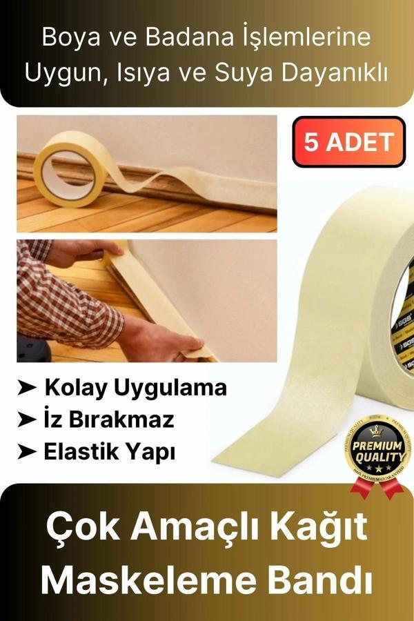 Çok Amaçlı Isıya Suya Dayanıklı Kolay Sökülebilen 25mt Krep Kağıt Maskeleme Boya Badana Bandı-5 Adet - Image 1