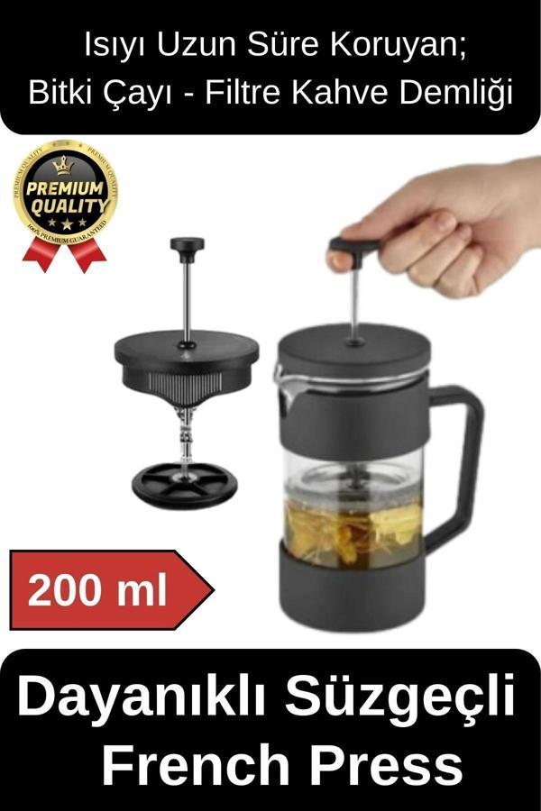 Premium Kalite Dayanıklı Isıyı Koruyan Filtre Kahve Bitki Çayı Demleme Siyah French Press 200 ml - Image 1