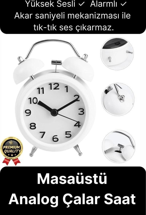Premium Kalite Dekoratif Pilli Yüksek Sesli Alarmlı Çift Çan Formlu Masaüstü Mini Analog Çalar Saat - Image 1