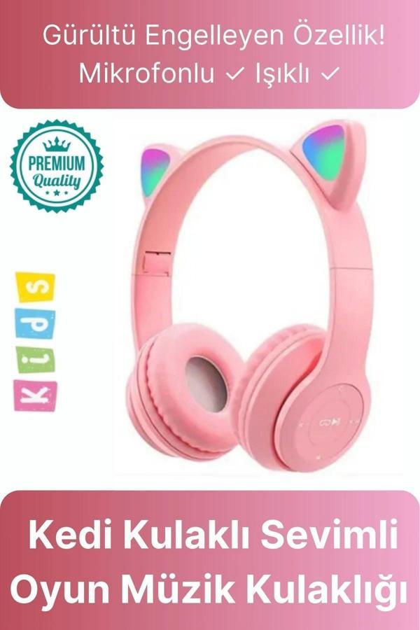 Kablosuz Gürültü Engelleyen Bluetooth Işıklı Mikrofonlu Kedi Kulaklı Sevimli Oyun Müzik Kulaklığı - Image 1