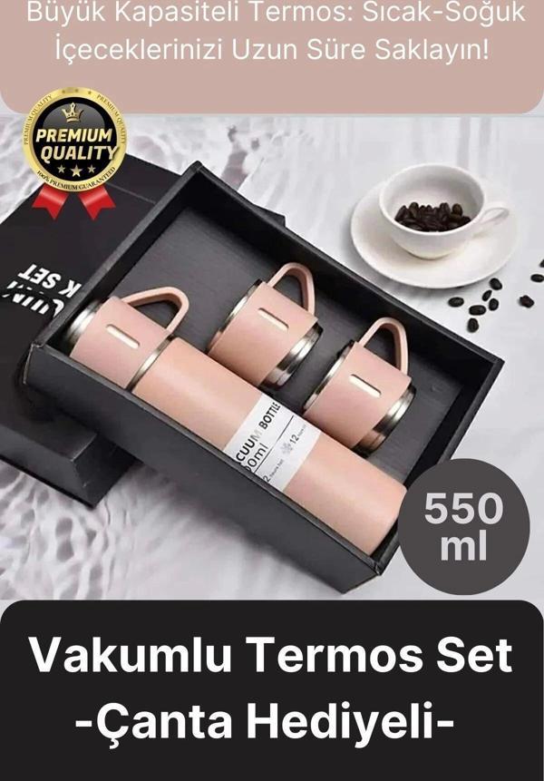 Kaliteli Paslanmaz Çelik Çift Katmanlı Sıcak Soğuk 3 Bardaklı Vakumlu Termos Çanta Hediyeli 550 Ml - Image 1