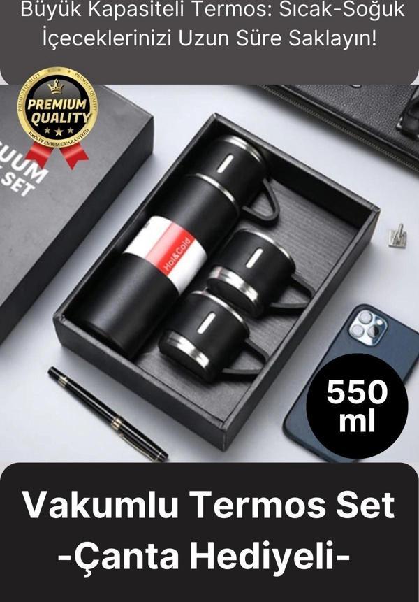Kaliteli Paslanmaz Çelik Çift Katmanlı Sıcak Soğuk 3 Bardaklı Vakumlu Termos Çanta Hediyeli 550 Ml - Image 1