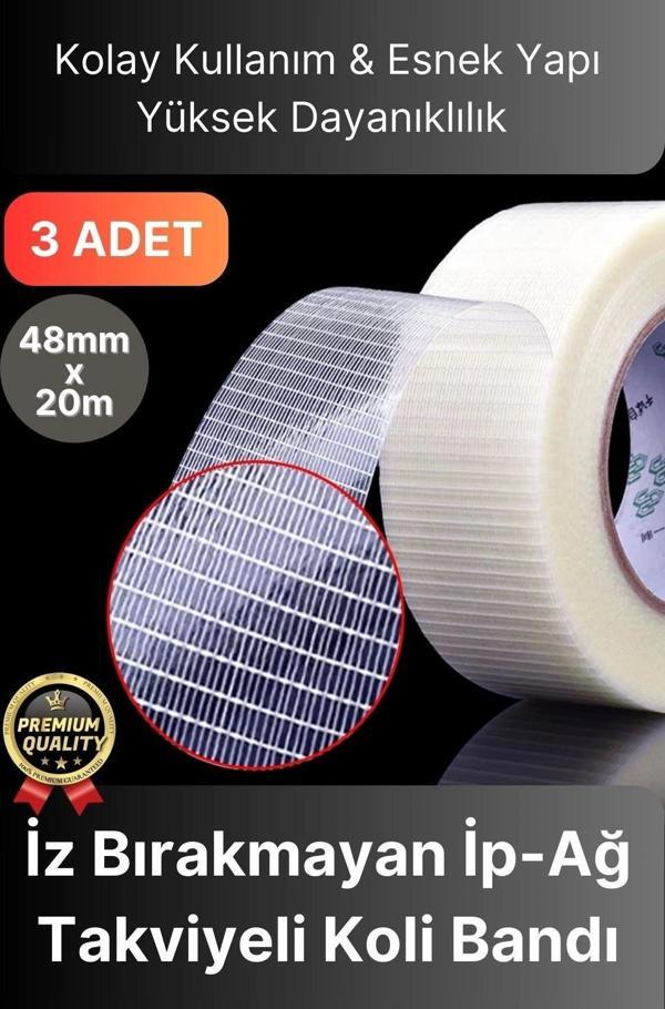 Kolay Kullanım Çok Güçlü Kopmaz Yüksek Mukavemetli İz Bırakmayan Ağ İp Takviyeli Koli Bandı - 3 Adet - Image 1