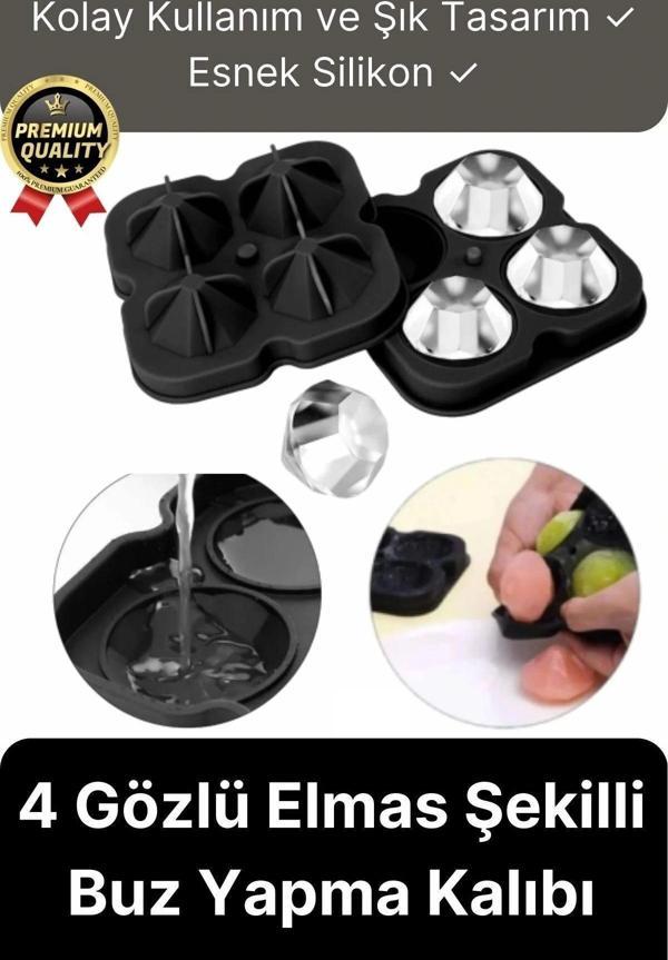 Kolay Kullanım Şık Silikon 4 Gözlü Esnek Buzluk Bar Kokteyl İçecek Elmas Şekilli Buz Yapma Kalıbı - Image 1
