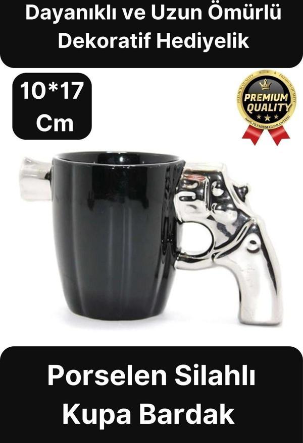 Özel Tasarım Dekoratif Hediyelik Porselen Siyah Silah Görünümlü Gümüş Tutacaklı Kupa Bardak 10*17 Cm - Image 1