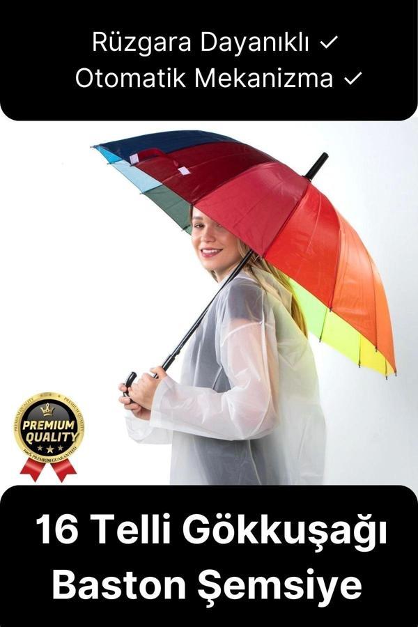Özel Tasarım Rüzgara Dayanıklı Otomatik Model Fiber 16 Telli  Gökkuşağı Desenli Baston Şemsiye 55cm - Image 1