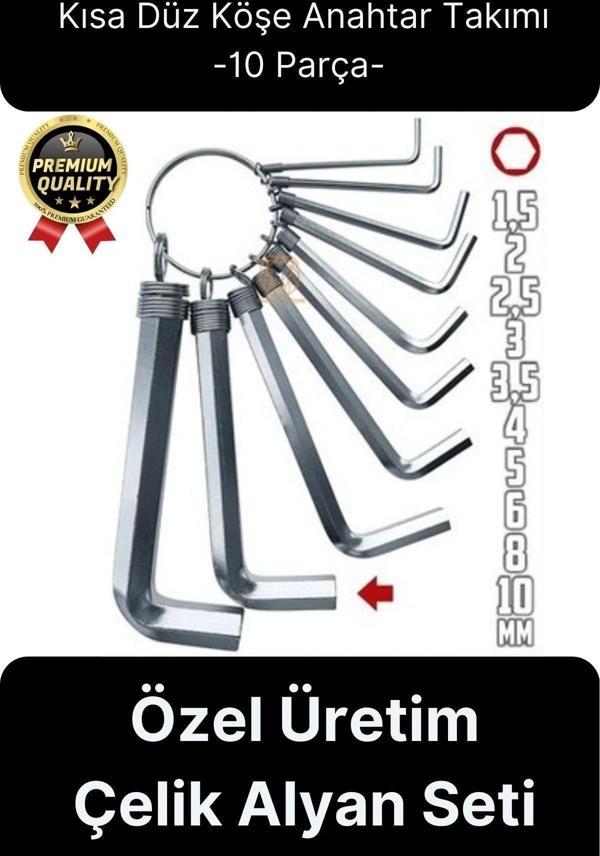 Özel Üretim Tamir Usta Altı Köşeli Bozuk Vida Kısa Düz Köşe Anahtar Takımı Çelik Alyan Seti 10 Parça - Image 1