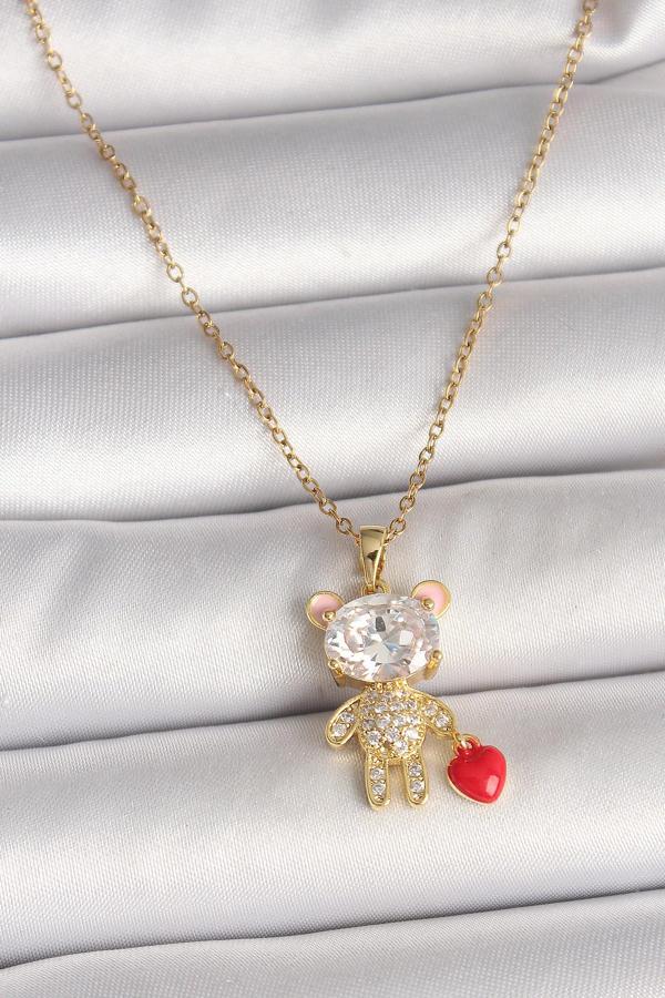316L Çelik Gold Renk Zincir Zirkon Taşlı Ayıcık Model Kırmızı Kalp Detay Kadın Kolye SL11103 - Image 1