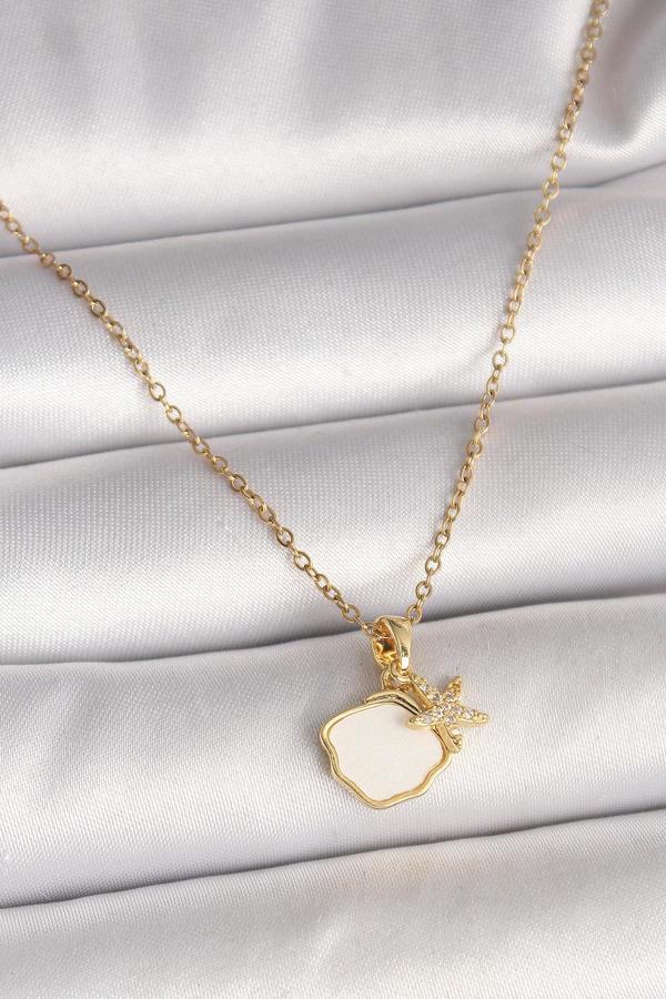 316L Çelik Gold Renk Zincir Sallantı Beyaz Mineli Deniz Kabuğu Zirkon Taşlı Deniz Yıldızı Figür Kadın Kolye SL11087 - Image 1