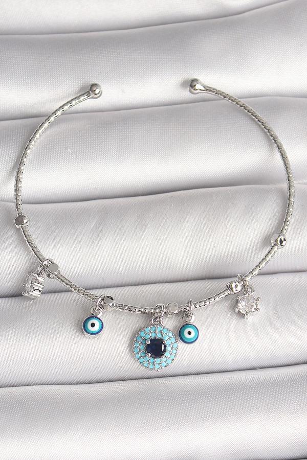 Pirinç Gümüş Renk Sallantı Zirkon Taşlı Nazar Boncuk Figür Charm Kadın Bileklik SL11172 - Image 1