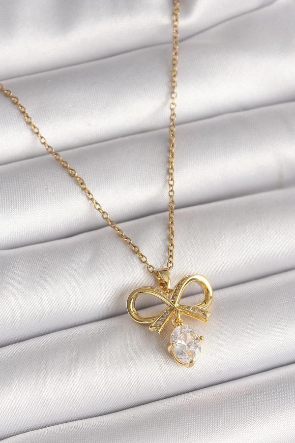 316L Çelik Gold Renk Zincir Zirkon Taşlı Kurdele Model Kadın Kolye SL11077 - Image 1
