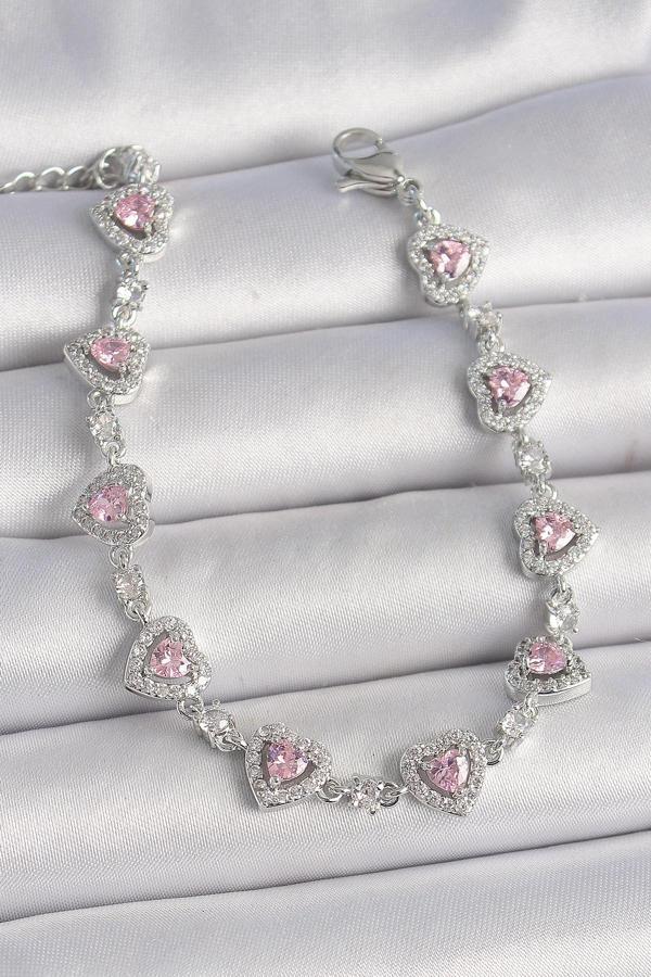 Pirinç Gümüş Renk Zirkon Taşlı Pembe Kalp Model VIP Seri Kadın Bileklik SL11311 - Image 1
