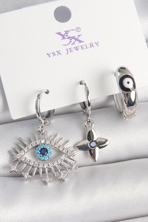 Pirinç Gümüş Renk Zirkon Taşlı Göz Model Nazar Boncuk Detay 3'Lü Kadın Kombin Küpe - Image 1