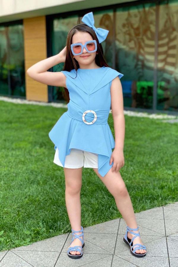 Kız Çocuk Sıfır Kol Asimetik Kesim Kemerli Mavi Tunik Şortlu Takım - Image 1