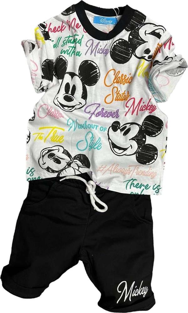 Erkek Çocuk Mickey Desen ve Rengarenk Yazı Baskılı Siyah Şortlu Takım - Image 1