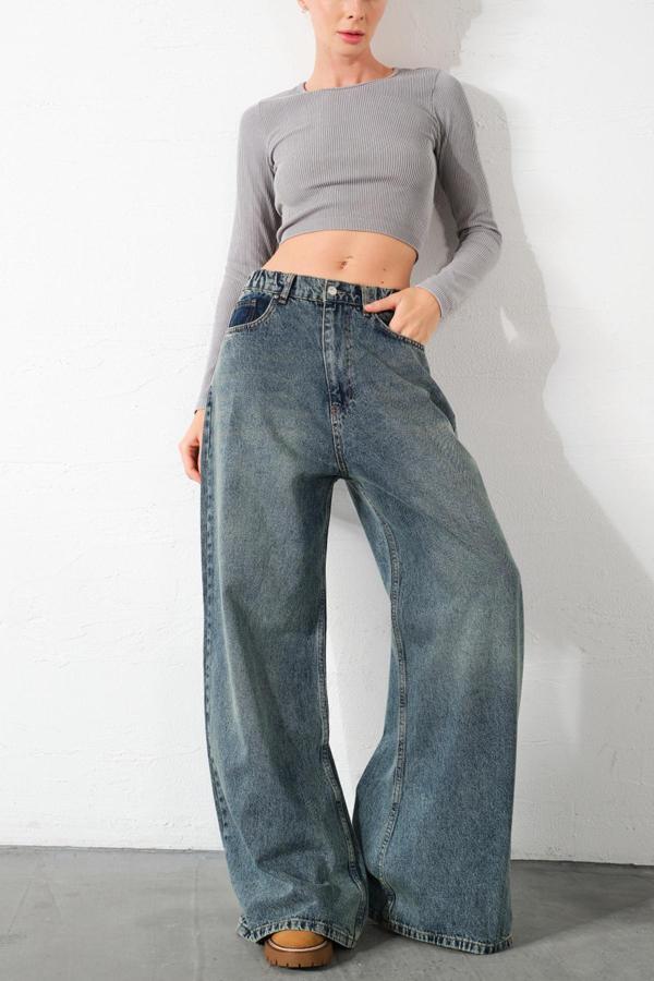 Ekstra  Yüksek Bel %100 Pamuk Lastikli loose fit geniş paça jean Kadın Kot Pantolon
 - Image 1