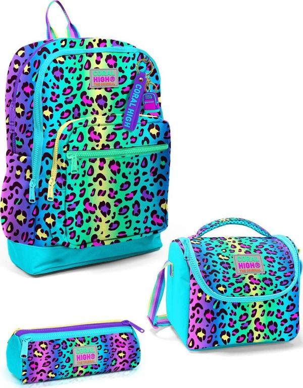 Coral High Kids Renkli Leopar Desenli 3’lü Okul Çanta Seti SET0123769 - Image 1