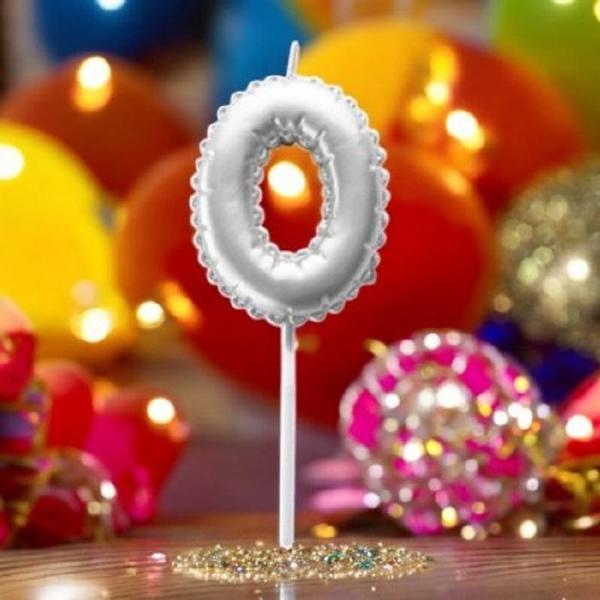 GÜMÜŞ DOĞUM GÜNÜ BALON ŞEKLİNDE MUM PASTA MUMU 0 NUMARA - Image 1