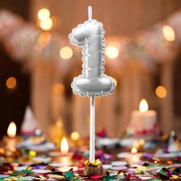 GÜMÜŞ DOĞUM GÜNÜ BALON ŞEKLİNDE MUM PASTA MUMU 1 NUMARA - Image 1