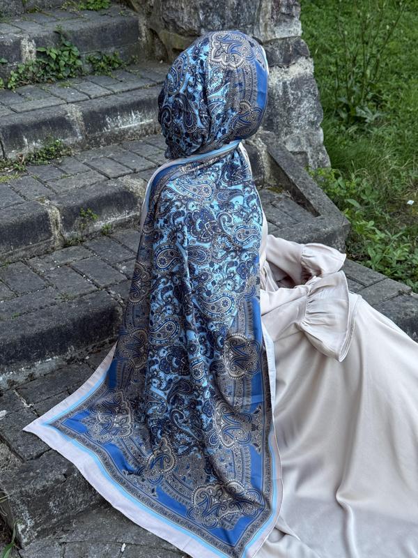 Pamuklu Etnik Desen Şal-Krem/Bebe Mavi - Image 1
