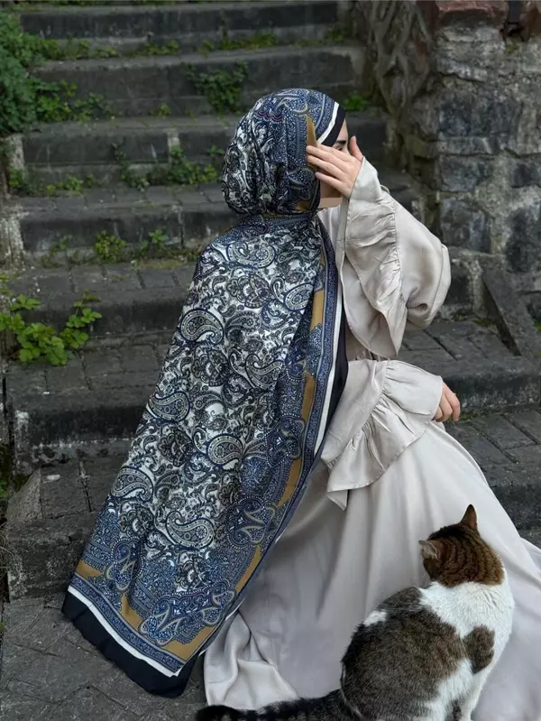Pamuklu Etnik Desen Şal-Lacivert/Hardal - Image 1