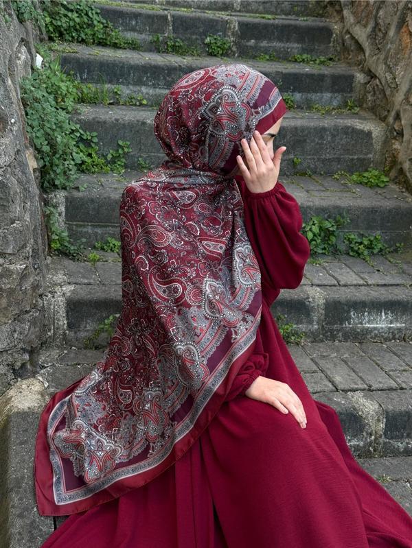 Pamuklu Etnik Desen Şal-Bordo - Image 1