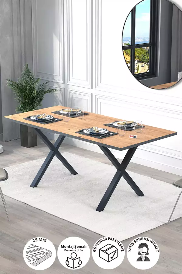 Bofigo Yemek Masası Metal Ayaklı Mutfak Masası Oslo 85 x 180 Cm X Ayaklı Çam - Image 1