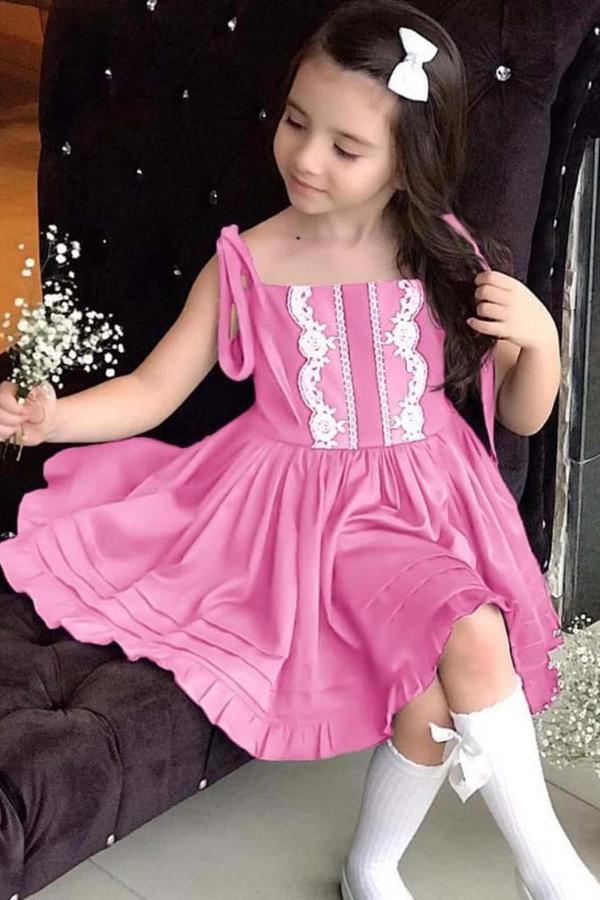 Kız Çocuk İp Askılı Bağlamalı Göğsü Dantel İşlemeli Pileli Pembe Keten Elbise - Image 1