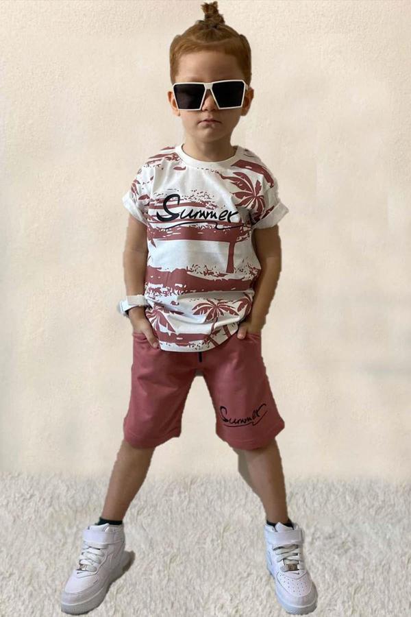 Erkek Çocuk Summer Yazı ve Palmiye Baskılı Tişört Nar Çiçeği Şortlu Takım - Image 1