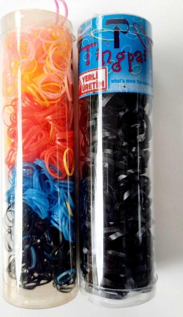 Büyük Boy Tüp Saç Örgü Lastiği. Renkli Perma Lastik Ince Ve Küçük. 1 Kutu Siyah 1 Kutu Renkli. - Image 1