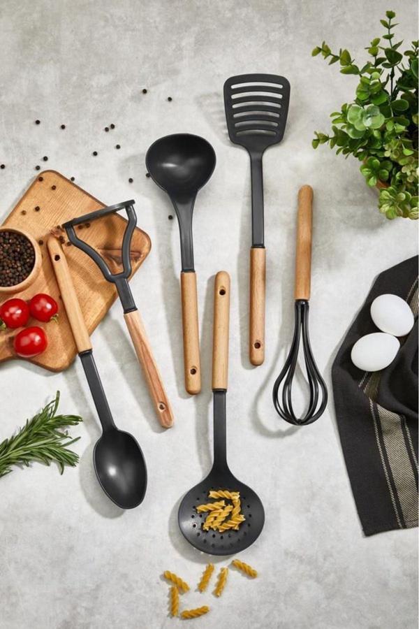 Mithra Life 6 Adet Ahşap Saplı Plastik Teflon Siyah Servis Seti MIT1141 - Image 1