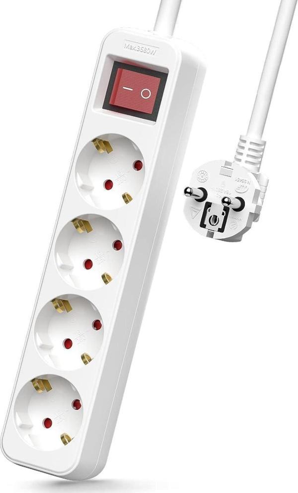 4'lü Çoklu Priz Uzatma Kablosu Beyaz, 3 Metre Şalterli Çoklu Priz Çoğaltma - Image 1