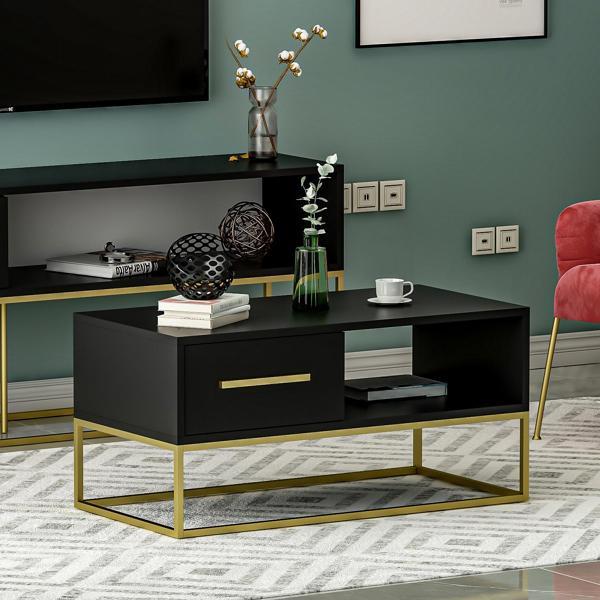 Mira Kapaklı Orta Sehpa, Gold Ayak, Modern Tasarım - 90 cm, Ev-Ofis - Image 1