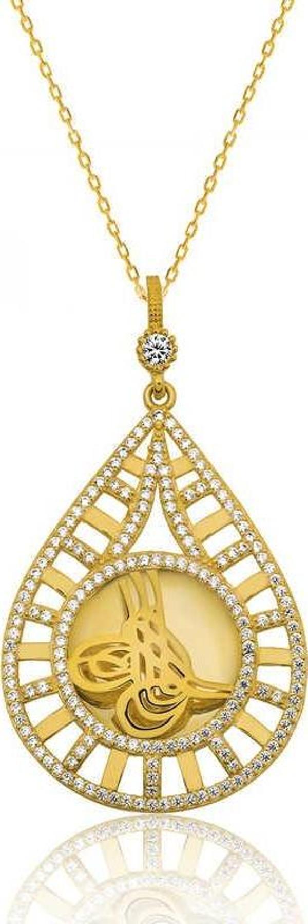 Gümüş Damla Tuğralı Altın Kaplama Bayan Kolye - Image 1