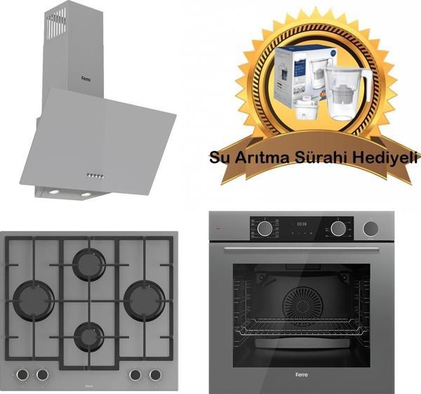 Ferre Fryart & SteamArt Gri Cam Ankastre Set D088 - LN388 Döküm ızgaralı Önden Düğmeli Ocak - XE64CPR Buharli fırın - Image 1