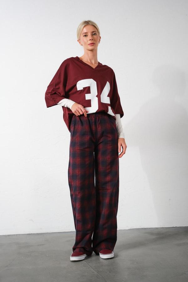 Ekoseli Flanel Yüksek Bel Pijama Altı Rahat Kesim Geniş Paça Pamuklu Kadın Pantolon
 - Image 1