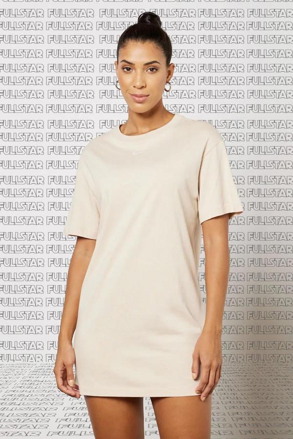 Nike Sportswear Organic Cotton Short Sleve Dress Nakış Swooslu Bej Elbise  - Image 1