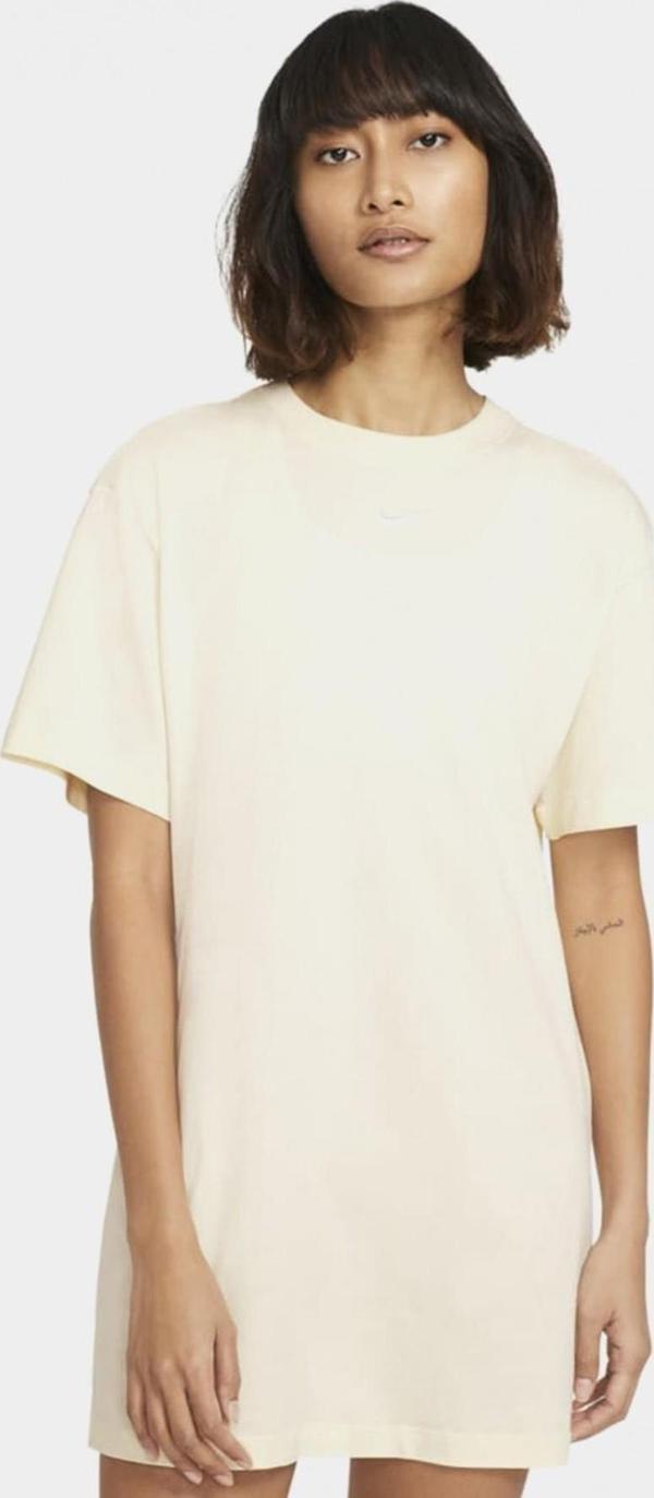 Nike Sportswear Organic Cotton Short Sleve Dress Nakış Swooslu Elbise Krem - Image 1