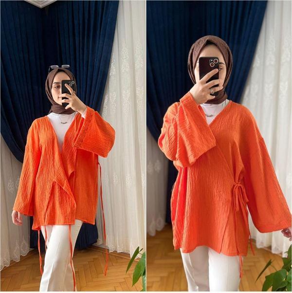 Tesettür Giyim Bağlamalı Turuncu Gofre Kimono - Image 1