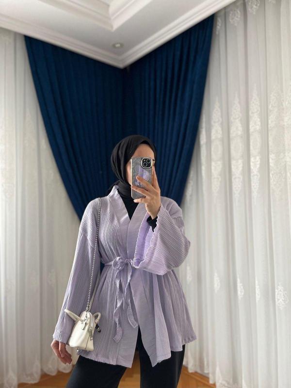 Tesettür Giyim Lila Kuşaklı Gofre Kumaş Kimono - Image 1