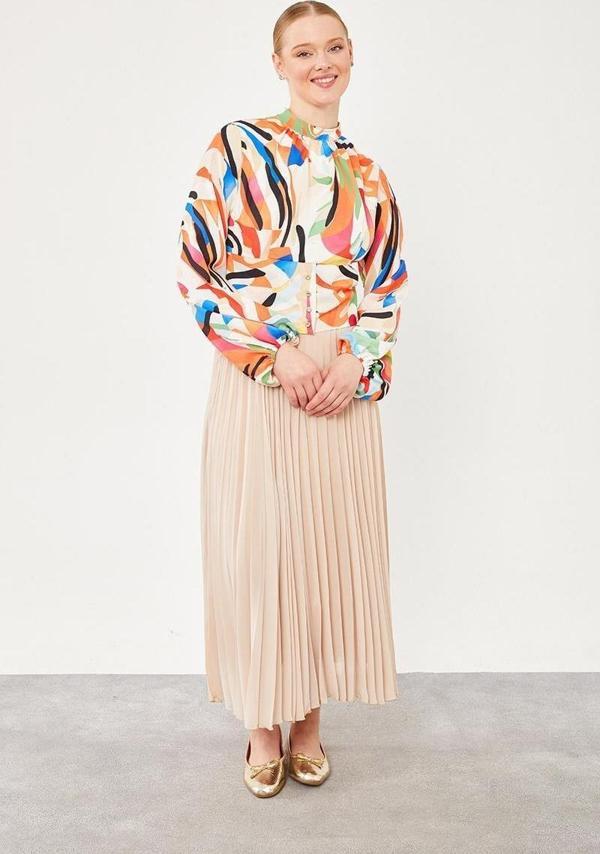 Oranj Yakası Büzgülü Arkası Gipeli Bluz - Image 1