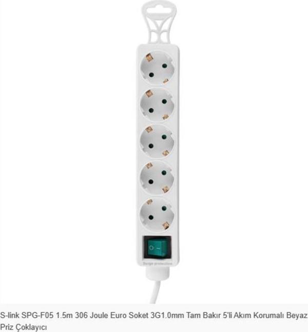 S-LİNK Spg-f05 1.5m 306 Joule Euro Soket 3g1.0mm Tam Bakır 5li Akım Korumalı Beyaz Priz Çoklayıcı - Image 1
