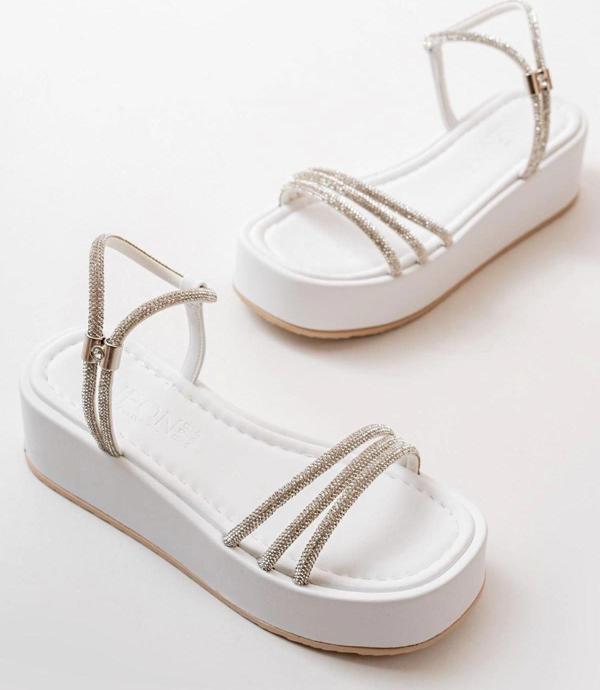 861-1100 Beyaz Günlük Gümüş Taşlı Dolgu Kadın Sandalet - Image 1