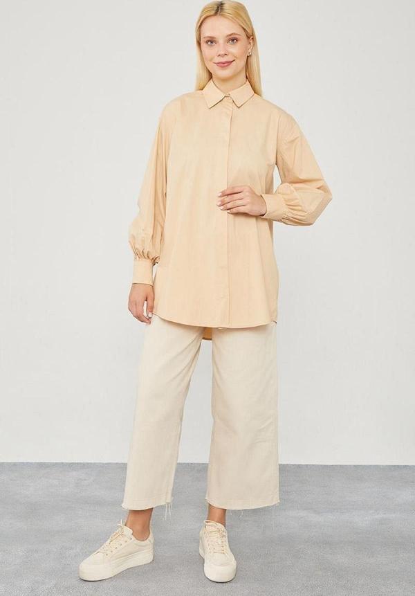 Bej Oversize Balon Kol Poplin Gömlek - Image 1