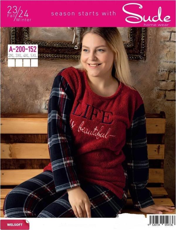 Sude Kadın Büyük Beden  Kışlık Welsoft Pijama Takımı A200/152 - 1 Adet Bordo-3XL - Image 1