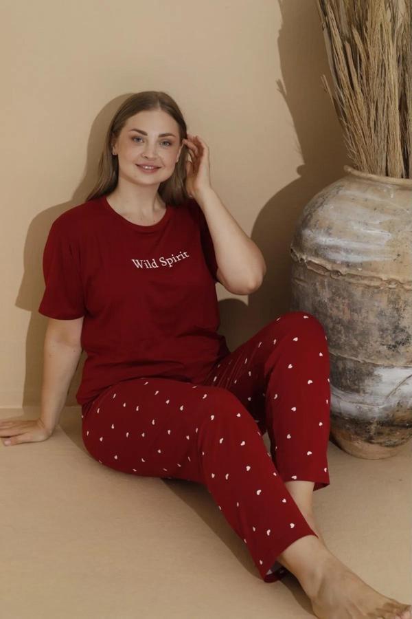 Boyraz Kadın Milan Büyük Beden Bisiklet Yaka Kısa Kol İnce Pijama Takımı 11053 - 1 Adet XL-Bordo - Image 1