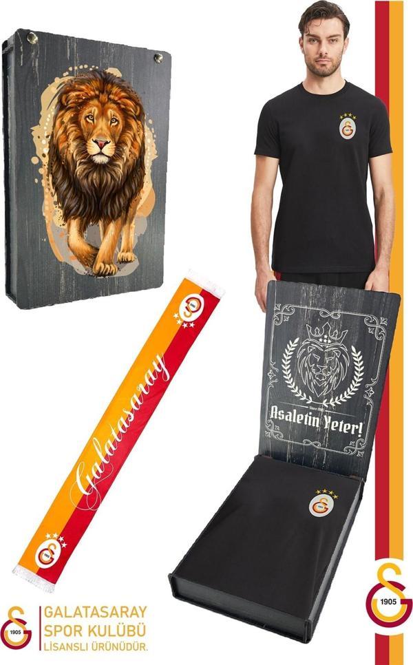 Galatasaray Orijinal Lisanslı Siyah Basic T-Shirt + Şal Kaşkol Set Hediyelik Ahşap Kutul - Image 1